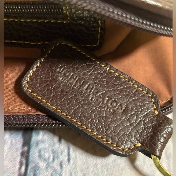 John Heaton Weekender Dark Chocolate Brown Leather Tapestry Boho Shoulder Purse - Picture 7 of 12